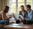 Agent immobilier expliquant un certificat énergétique dans un salon lumineux
