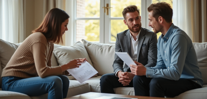 Agent immobilier expliquant un certificat énergétique dans un salon lumineux