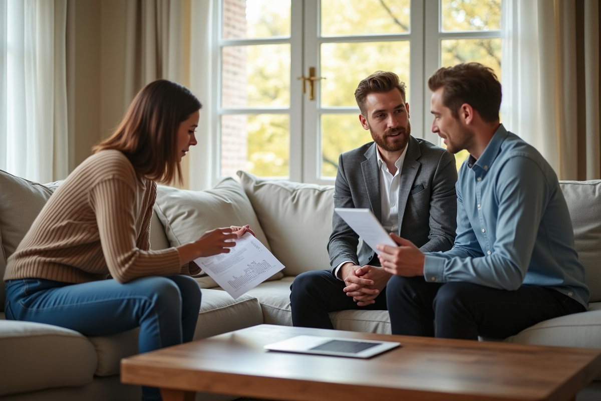Agent immobilier expliquant un certificat énergétique dans un salon lumineux