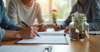 Montant de la garantie locative : conseils pratiques et astuces vu générales Jeune couple signant un contrat de location dans une cuisine lumineuse