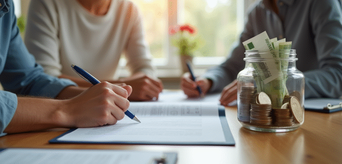 Jeune couple signant un contrat de location dans une cuisine lumineuse