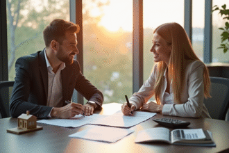 Agent immobilier et acheteur signant un contrat dans un bureau lumineux