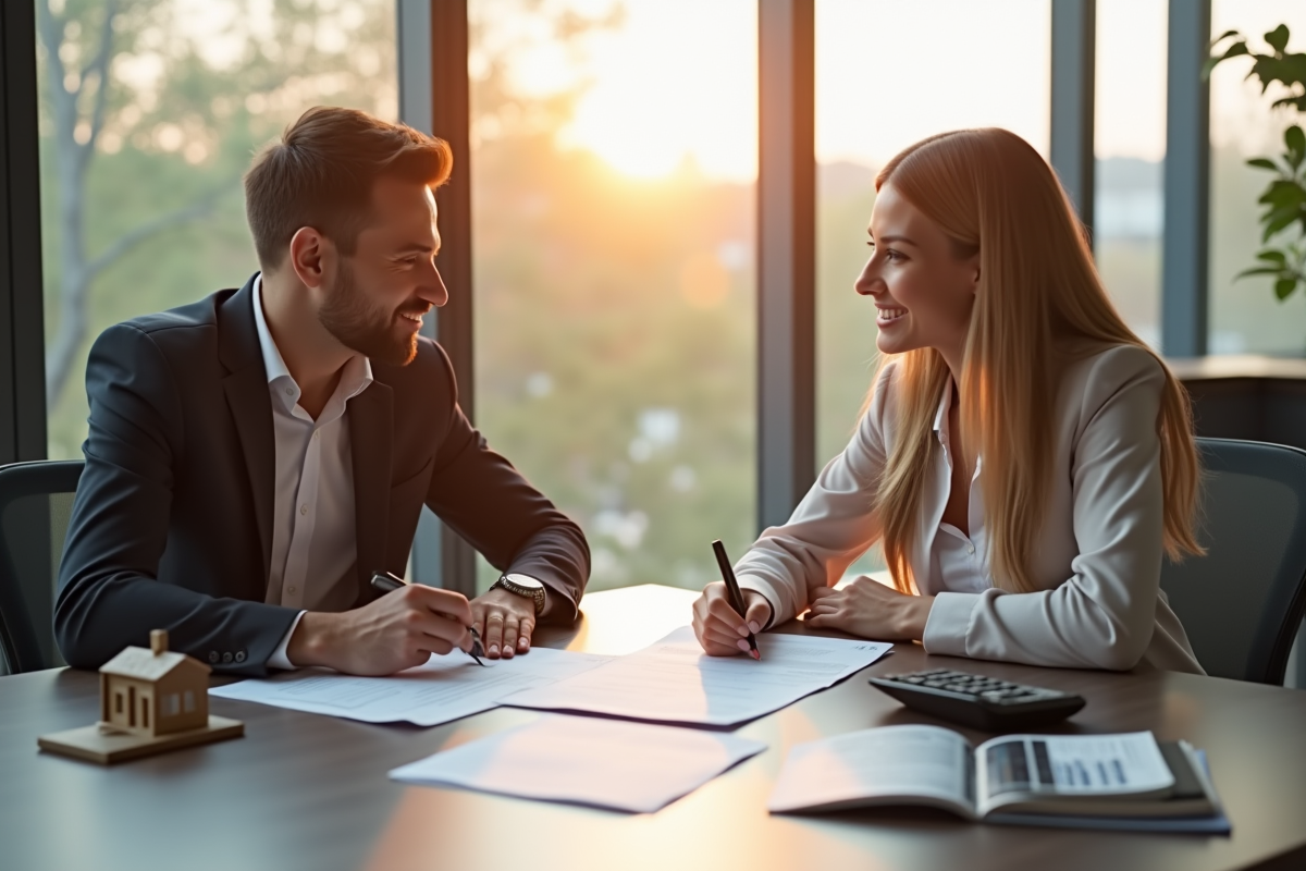 Agent immobilier et acheteur signant un contrat dans un bureau lumineux