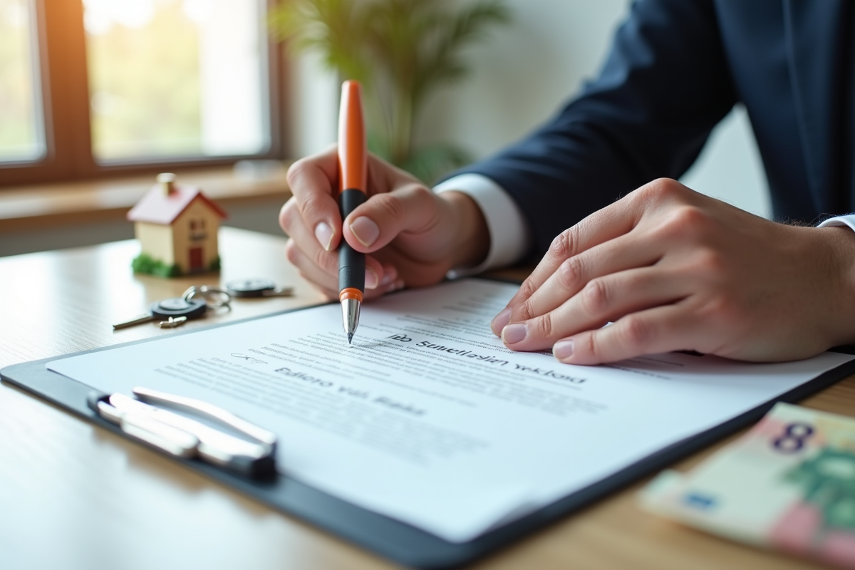 Deux mains échangeant un stylo sur un contrat avec clés et maison miniature