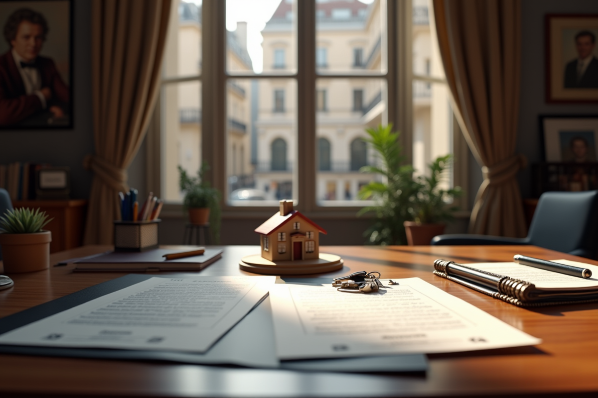 Bureau de notaire accueillant avec documents et vue sur Paris