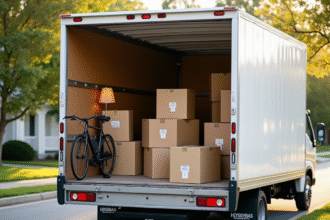 Camion de déménagement garé dans une rue ensoleillée avec cartons et meubles