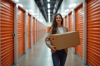 Couloir d entreposage moderne avec femme fermant sa unité