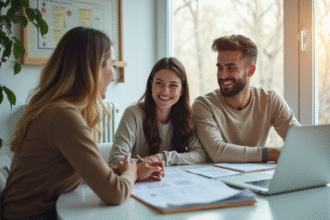Jeune couple consultent un conseiller logement dans un bureau lumineux