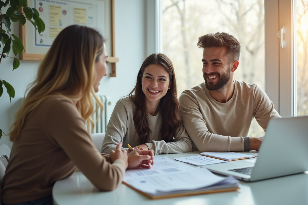 Jeune couple consultent un conseiller logement dans un bureau lumineux
