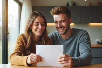 Jeune couple souriant recevant une lettre à la maison
