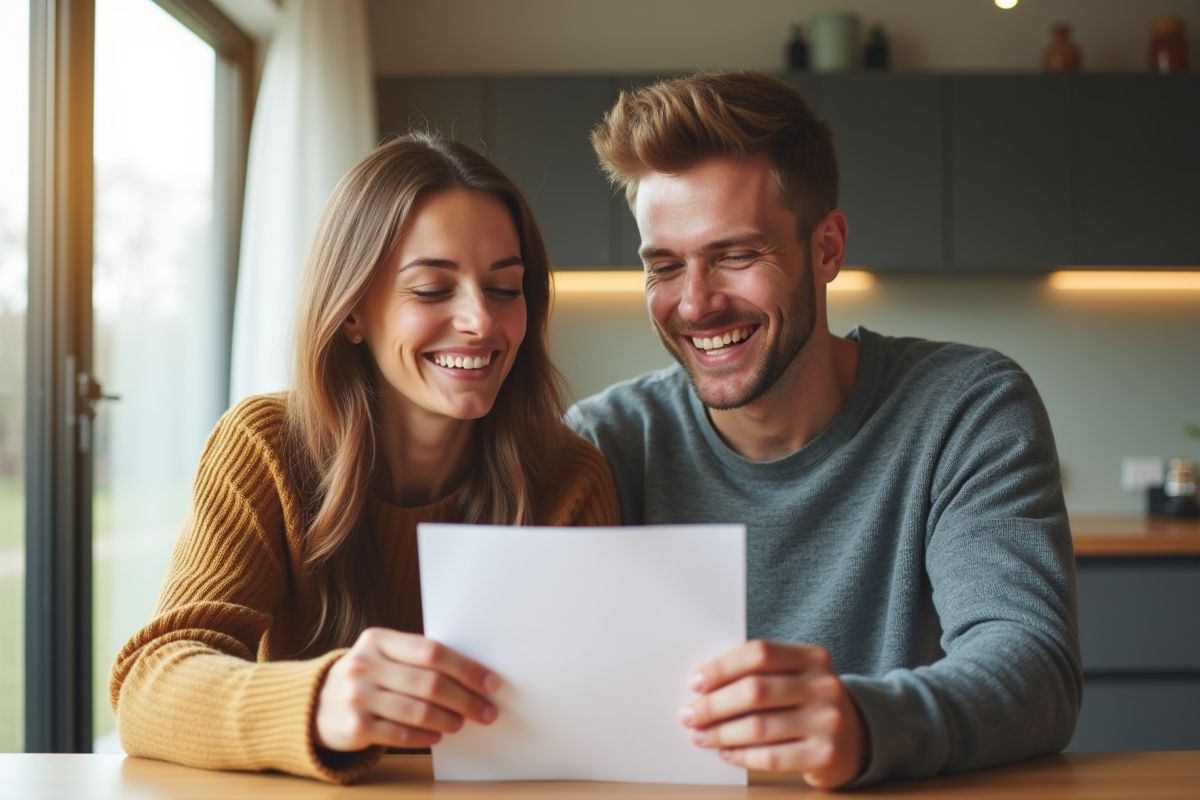 Jeune couple souriant recevant une lettre à la maison