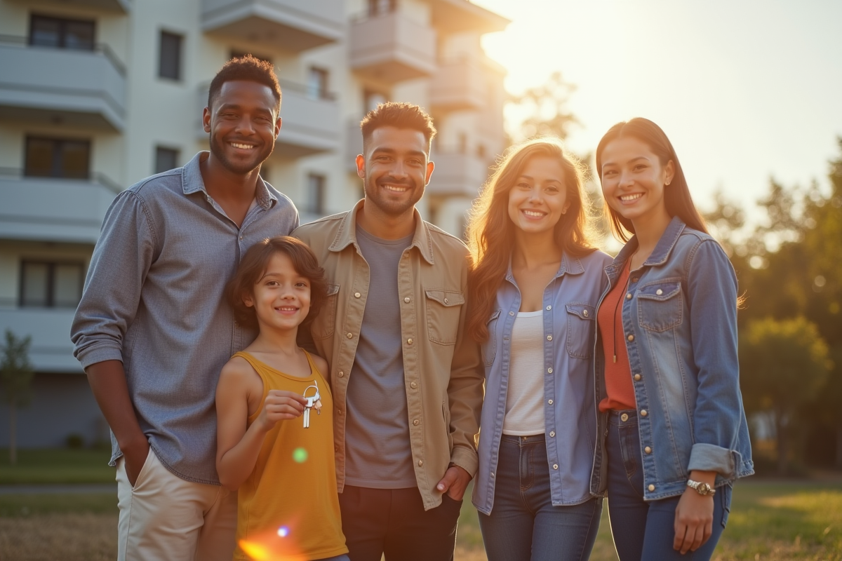 Famille et professionnels devant un immeuble avec clés en main