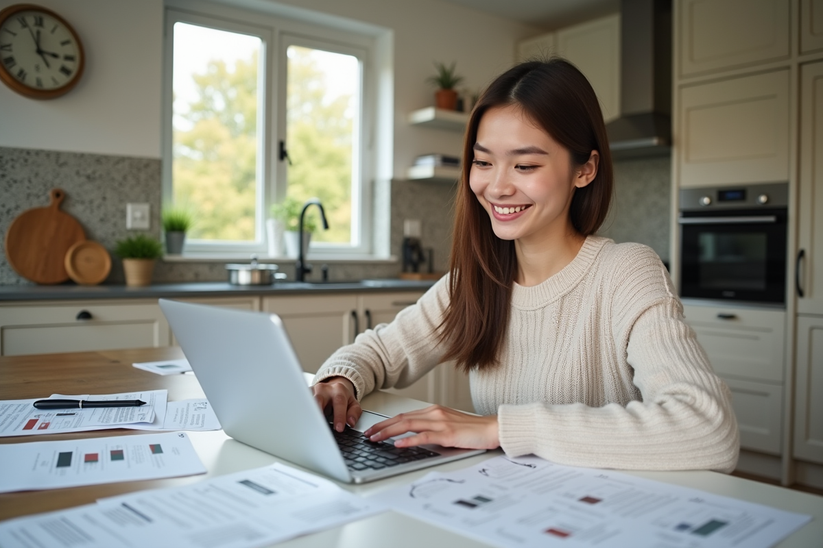 Jeune femme examinant des papiers immobiliers à la cuisine
