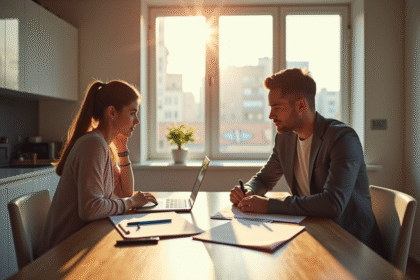 Jeune couple étudiant un contrat de location dans un appartement lumineux