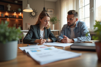 Propriétaire et locataire discutant facture dans un appartement lumineux