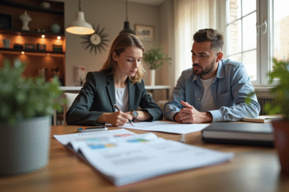 Propriétaire et locataire discutant facture dans un appartement lumineux