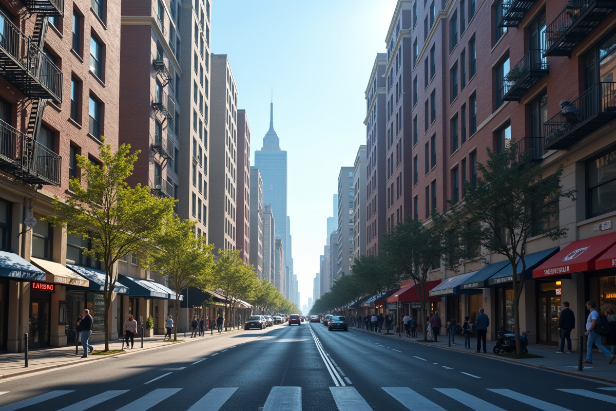 Rue urbaine avec immeubles et panneaux de location en matinée ensoleillée