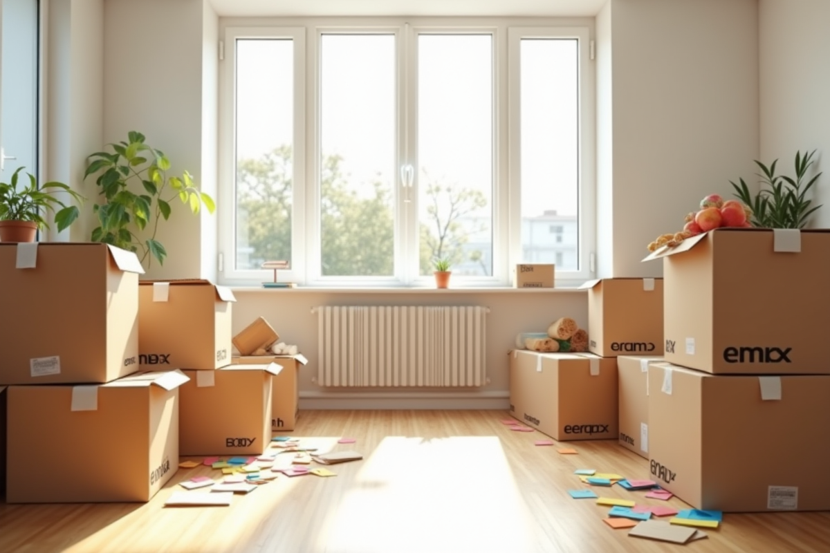 Salon lumineux avec cartons et fournitures de déménagement sur le sol