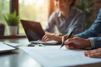 Jeune professionnel signant un contrat de location dans un bureau lumineux