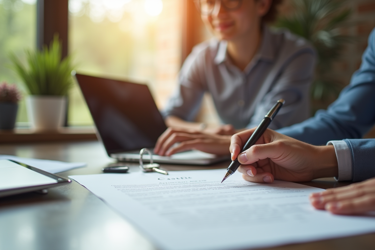Jeune professionnel signant un contrat de location dans un bureau lumineux