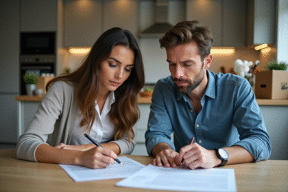 Couple d'adultes examinant un contrat de location dans un appartement