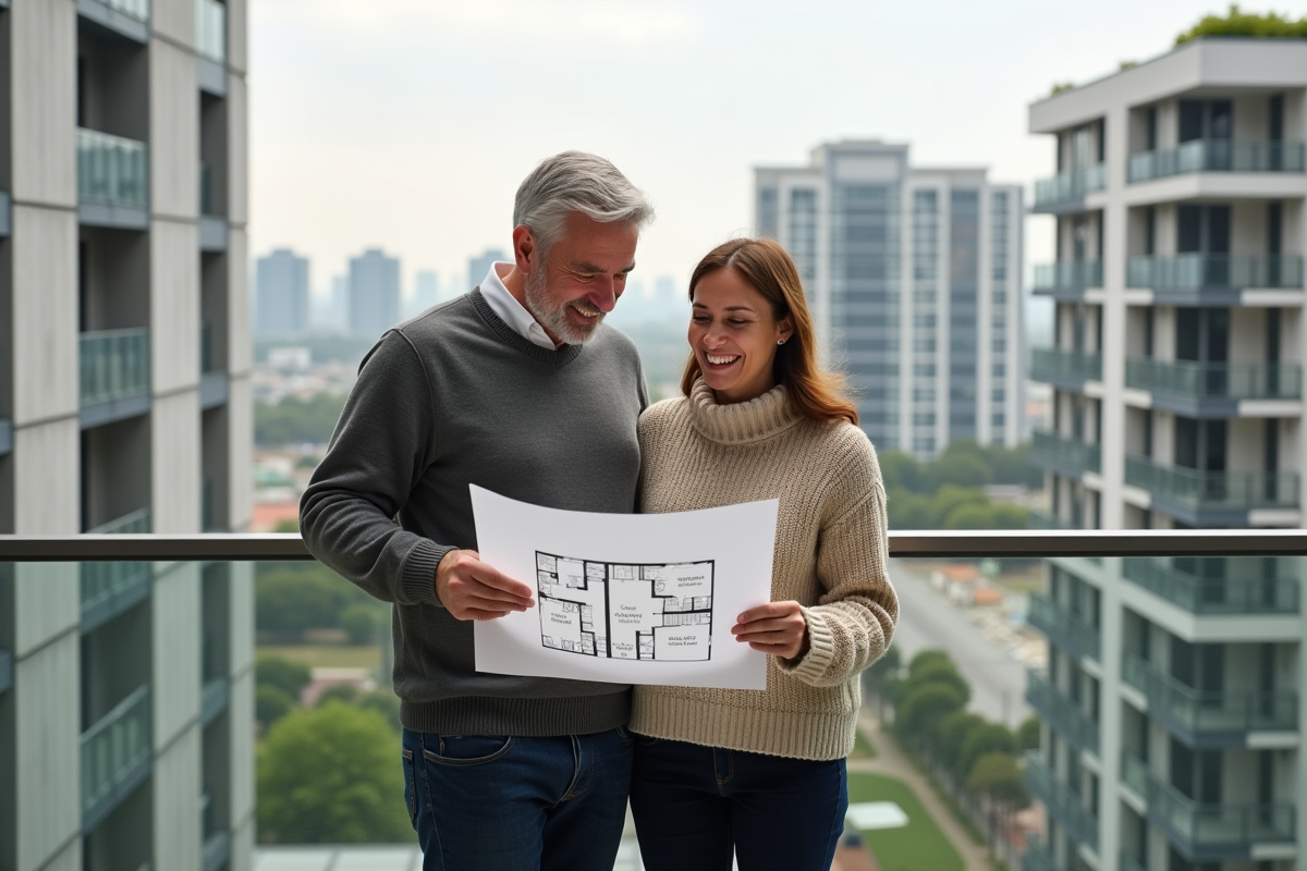 Couple souriant regardant des plans d appartement sur balcon