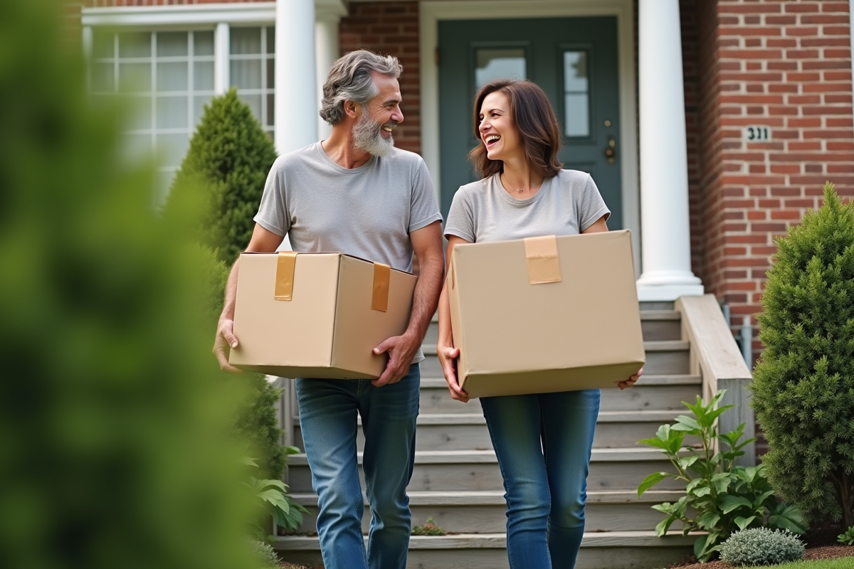 Un couple souriant portant des cartons dans une maison