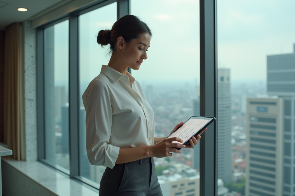 Jeune femme en bureau analysant taux immobilier