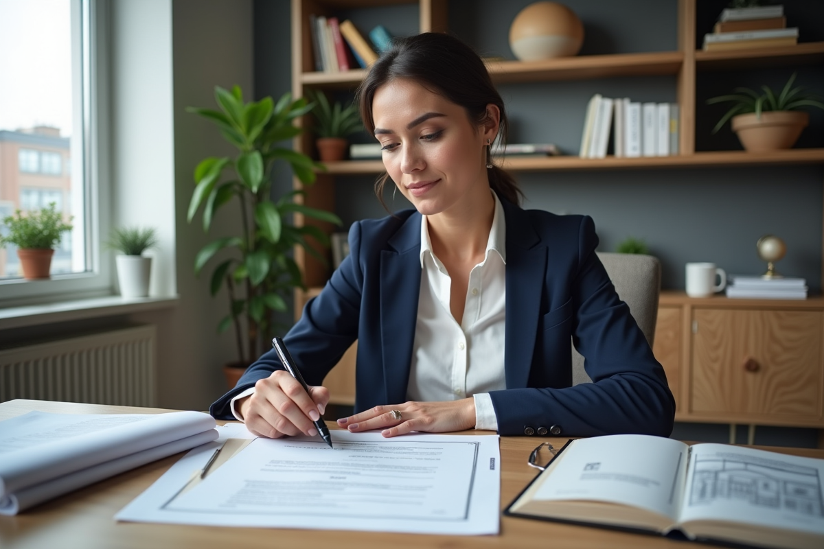 Femme professionnelle en bureau moderne examinant un contrat