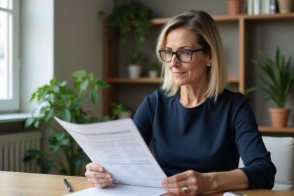 Femme en robe bleue examine une estimation de location