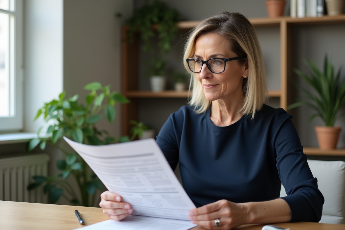 Femme en robe bleue examine une estimation de location