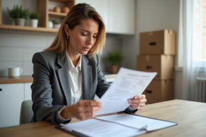 Femme d'âge moyen examinant des documents immobiliers dans un appartement moderne