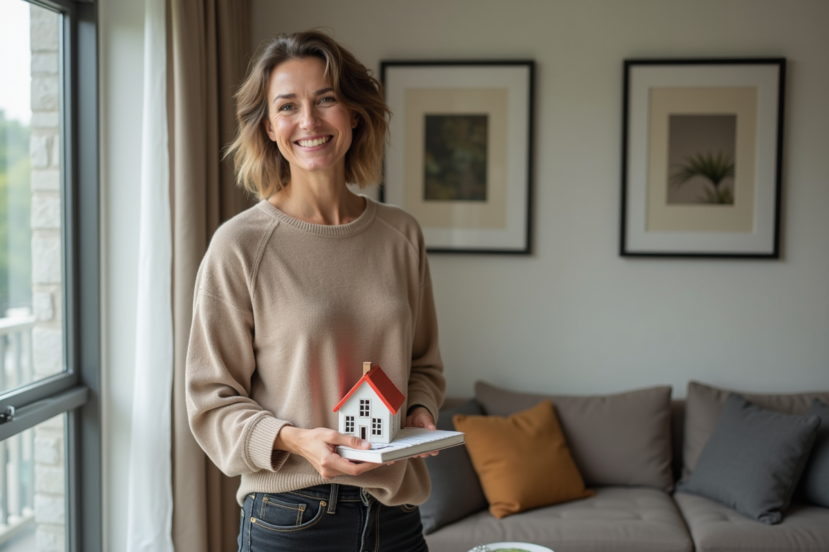 Femme souriante avec maquette de maison dans un salon chaleureux