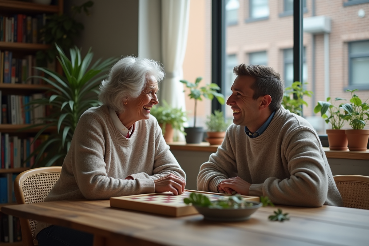 Une femme âgée et un jeune homme rient lors d'un jeu de société