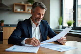Homme confiant en blazer bleu examine documents financiers