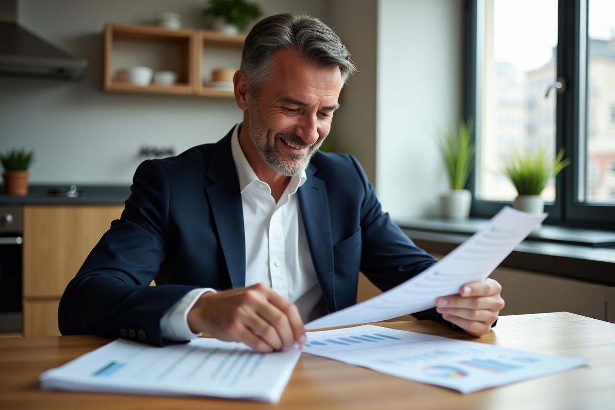 Homme confiant en blazer bleu examine documents financiers