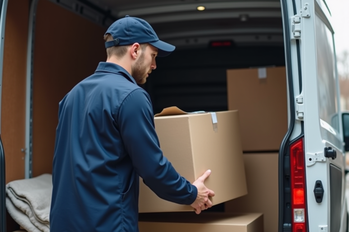Un professionnel plaçant un carton dans une camionnette