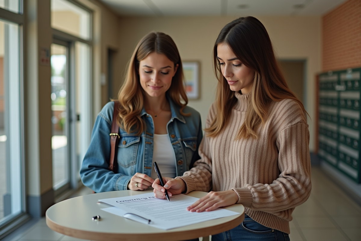 Deux femmes signant un contrat dans le hall d