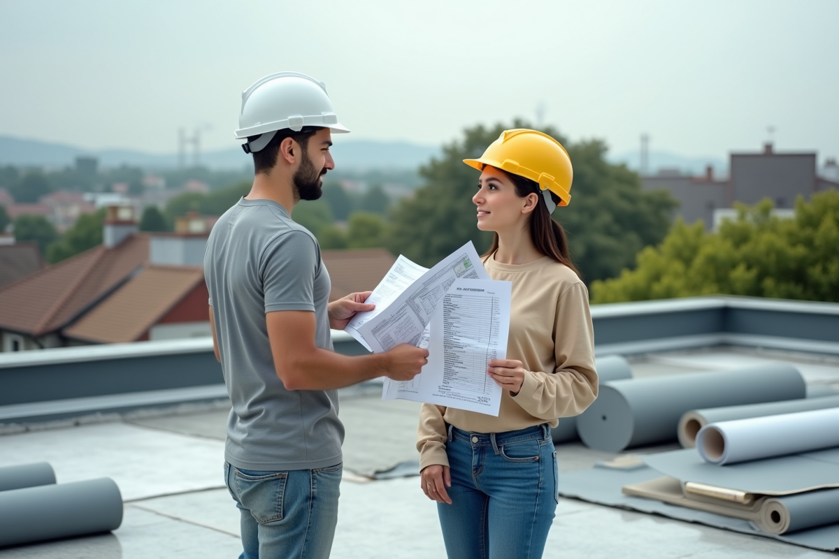 Jeune architecte en casque examinant des échantillons de revêtement de toit