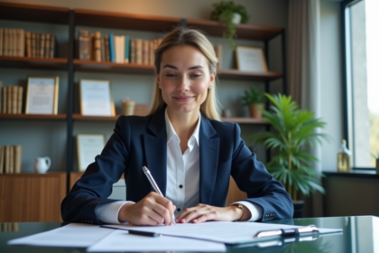 Femme professionnelle examine un contrat de location dans un bureau moderne