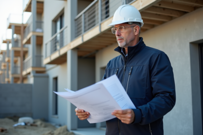 Chef de projet en extérieur devant un bâtiment en construction