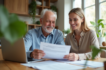 Couple souriant examinant documents de prêt immobilier
