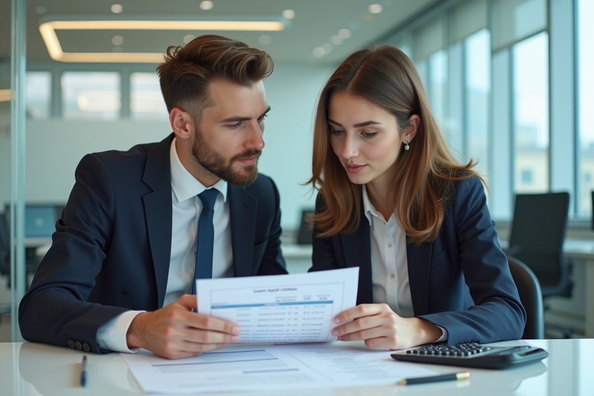 Jeune couple discutant d un plan de remboursement de prêt