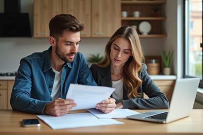 Jeune couple étudiant des documents de prêt à la maison