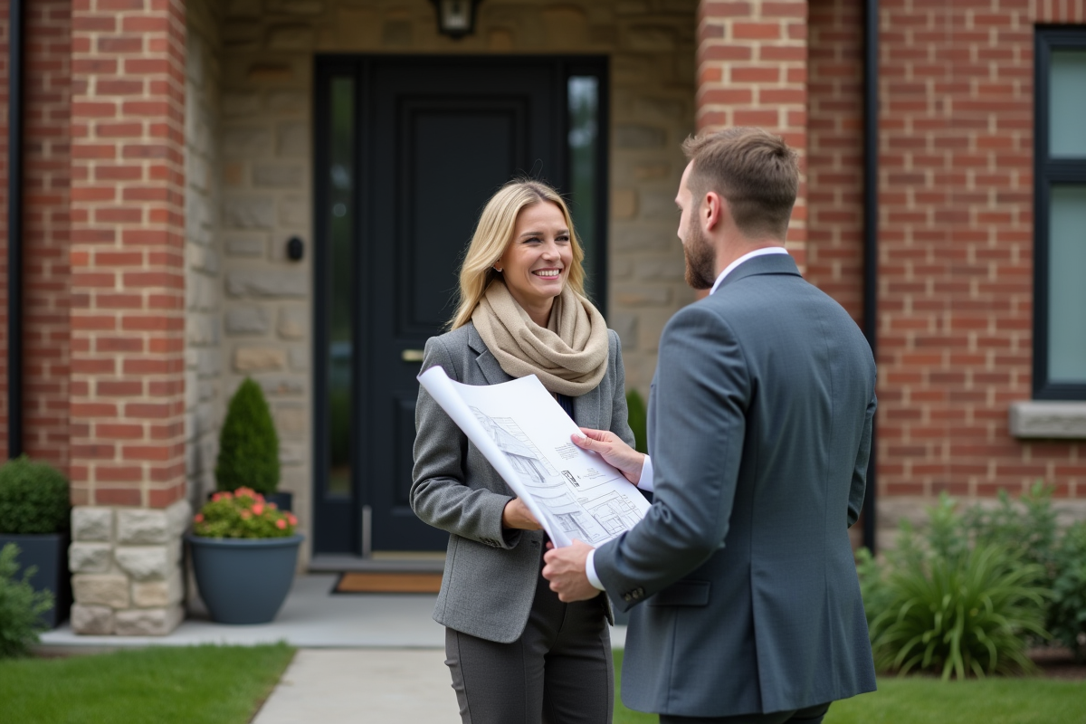 Femme discutant avec un entrepreneur devant une maison renovée