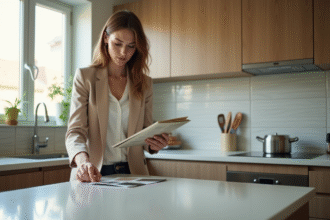 Femme en cuisine moderne examinant un échantillon de couleur