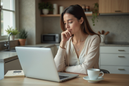 Femme concentrée utilisant un ordinateur pour un calcul de prêt