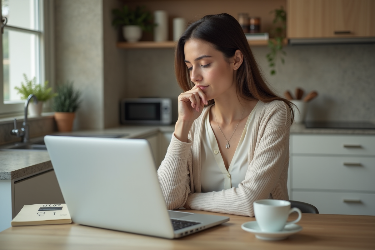 Femme concentrée utilisant un ordinateur pour un calcul de prêt