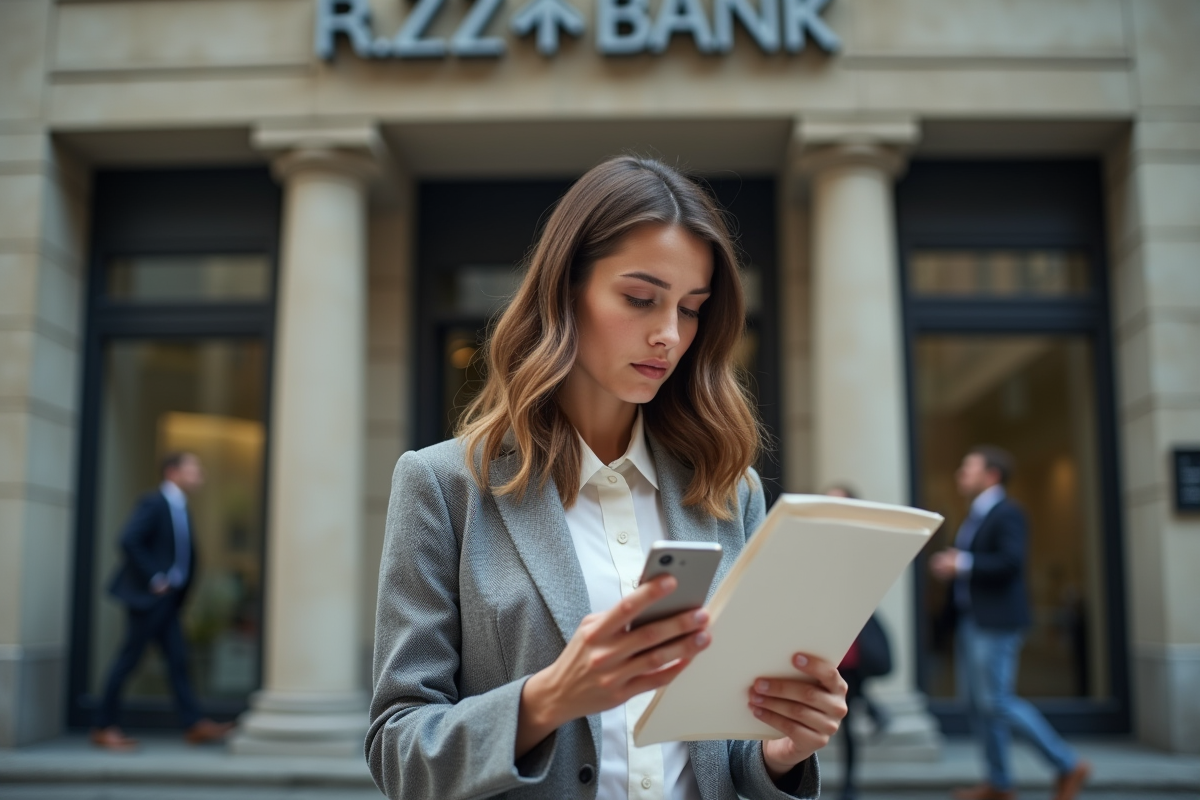 Jeune femme vérifiant son smartphone devant banque moderne