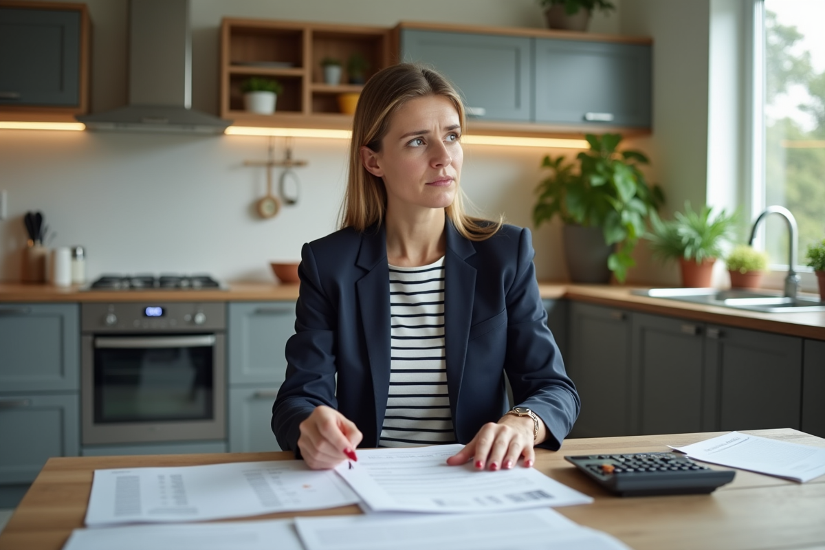 Femme examinant documents de mortgage dans une cuisine moderne